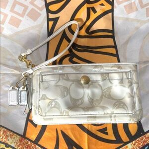 Coach White and Silver Zip Closure Signature Logo Wristlet